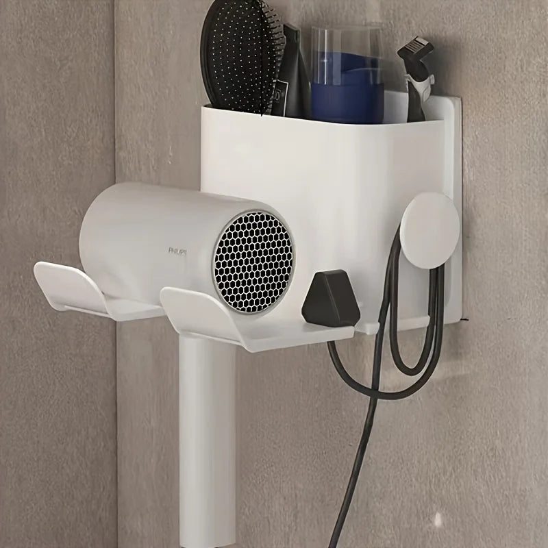 Wall Mount Hair Dryer Holder with Comb Slot, Heavy Duty ABS Bathroom Organizer Rack for Blow Dryer, Razor, Curling Iron, Space S