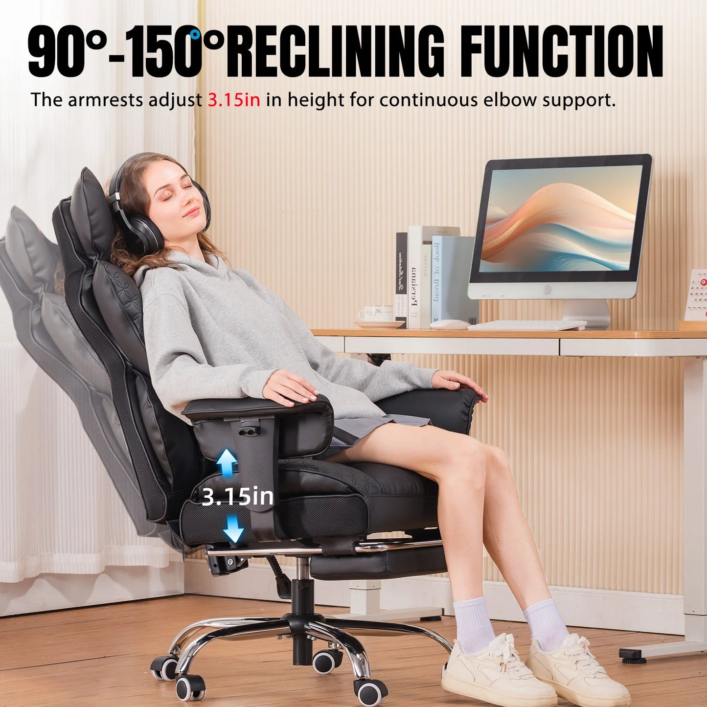 Office Chair Ergonomic Leather High Back Gaming Chair with Footrest, Adjustable Armrests