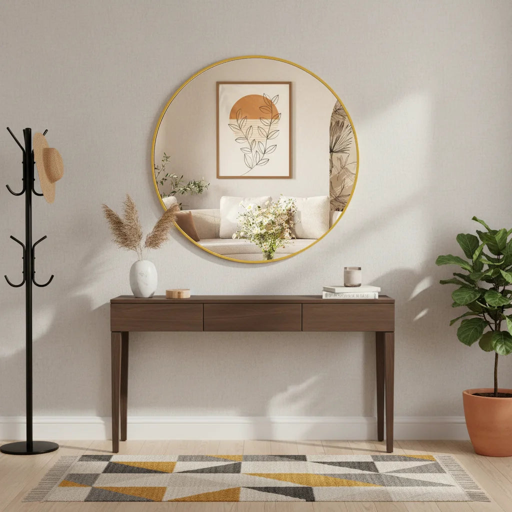 20" Gold Round Wall Mirror, Elegant Bedroom Bathroom Vanity Mirror, 20" Frameless Shatterproof Style