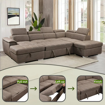 thsuper 127'' microfiber oversized u shaped sectional sleeper sofa couch with pullout bed, 7 seat couches with adjustable headre