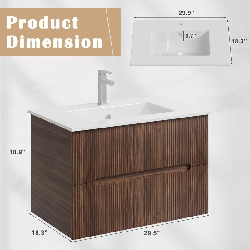 EROMMY 30" Floating Bathroom Vanity with Sink & Faucet, Wall-Mounted Sink Cabinet with 2 Soft-Close Drawers, Walnut/White/Black