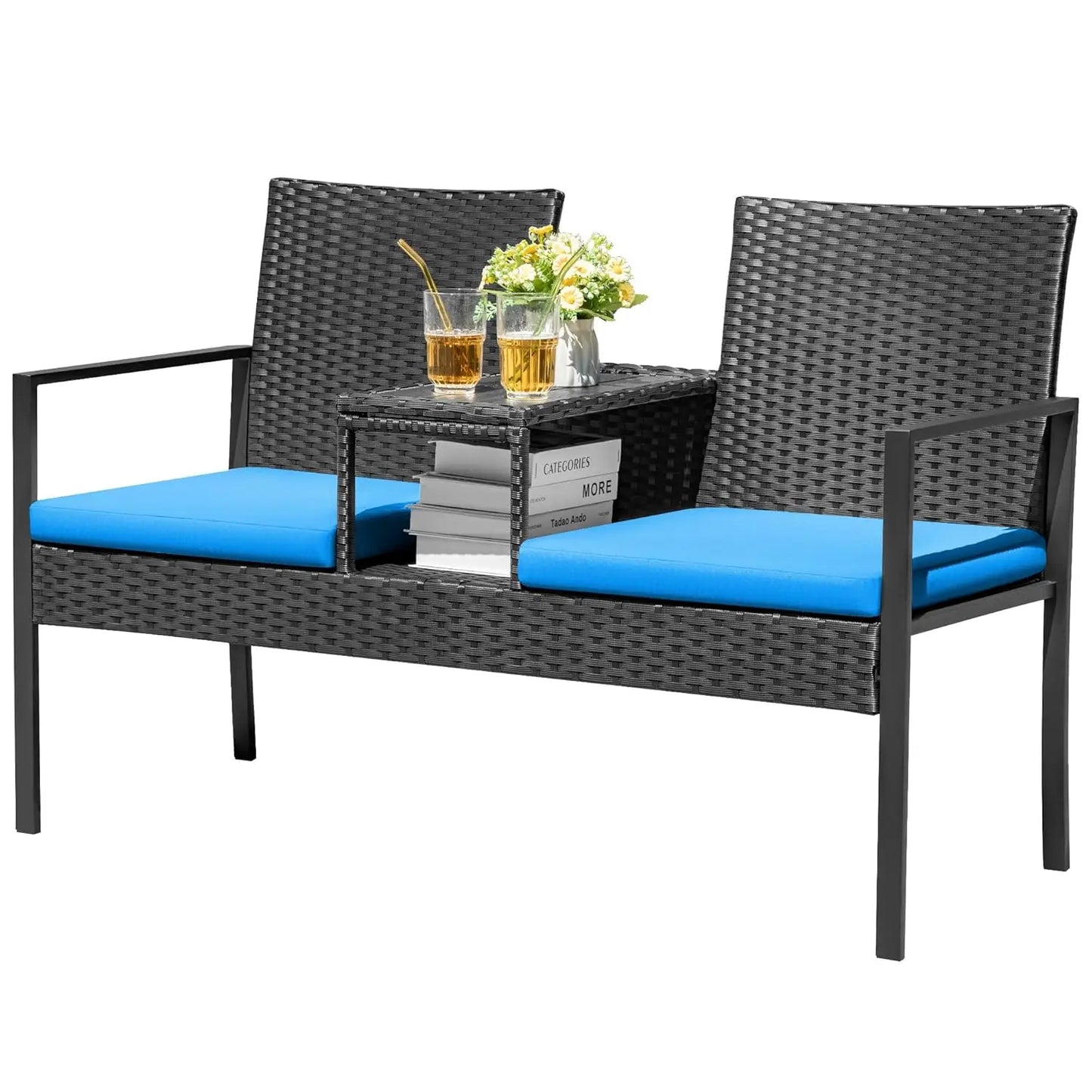 Loveseat Patio Furniture with Built-in Table & Cushions Wicker Conversation Set for Lawn Backyard Balcony, Customized