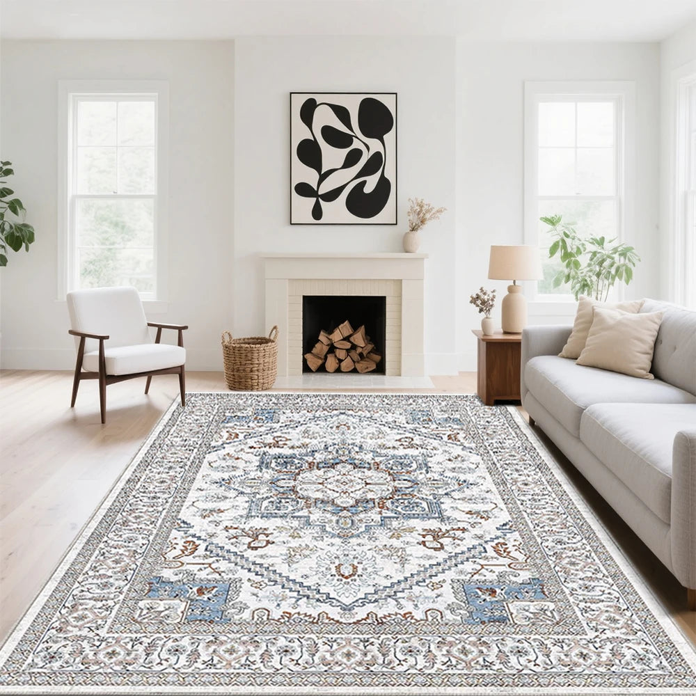 8x10 Area Rugs for Living Room: Washable Rug Stain Resistant Distressed Vintage Floral Rug Non Slip Low Pile Faux Wool Soft rugs
