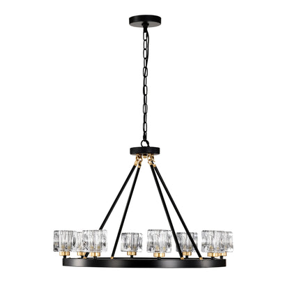 Matte Black + Gold Wagon Wheel Chandelier Farmhouse Modern Small Crystal Round Chandelier for Living Room Kitchen Island Foyer H