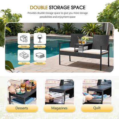 Loveseat Patio Furniture with Built-in Table & Cushions Wicker Conversation Set for Lawn Backyard Balcony, Customized