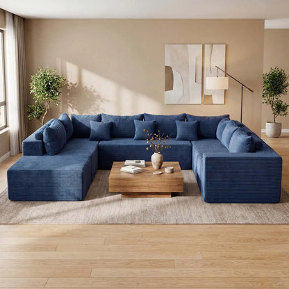 Redlife 135" Boneless Couch with Ottoman,8-Seat Modular Sectional Sofa,Blue Corduroy Upholstery,28" Deep Seat,Removable Covers