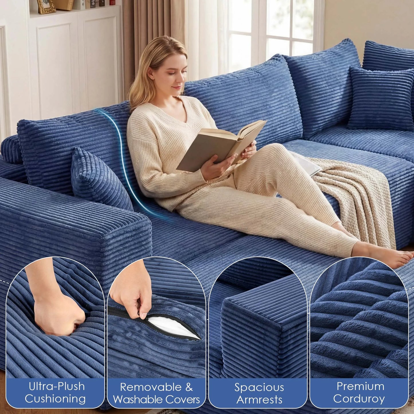 Redlife 135" Boneless Couch with Ottoman,8-Seat Modular Sectional Sofa,Blue Corduroy Upholstery,28" Deep Seat,Removable Covers