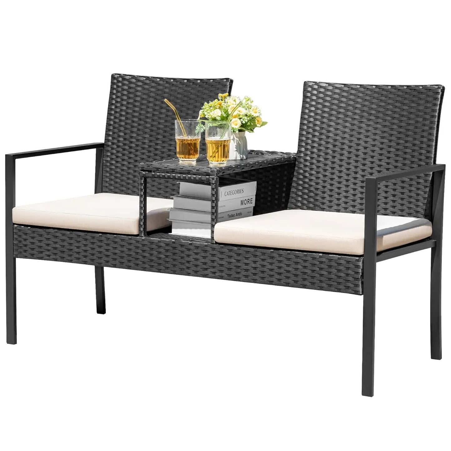 Loveseat Patio Furniture with Built-in Table & Cushions Wicker Conversation Set for Lawn Backyard Balcony, Customized