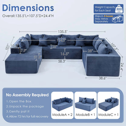 Redlife 135" Boneless Couch with Ottoman,8-Seat Modular Sectional Sofa,Blue Corduroy Upholstery,28" Deep Seat,Removable Covers