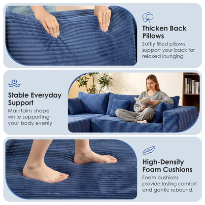 Redlife 135" Boneless Couch with Ottoman,8-Seat Modular Sectional Sofa,Blue Corduroy Upholstery,28" Deep Seat,Removable Covers