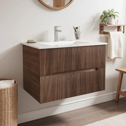 EROMMY 30" Floating Bathroom Vanity with Sink & Faucet, Wall-Mounted Sink Cabinet with 2 Soft-Close Drawers, Walnut/White/Black