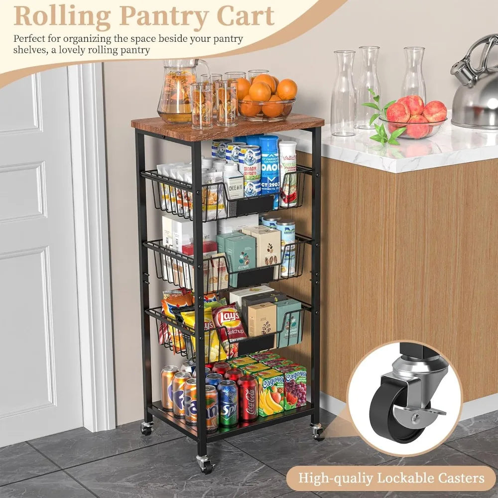 Kitchen Storage Cart, Kitchen Basket, 5-Tier Utility Organizer with Baskets and Wood Top, Rolling Snack Cart with Wheels, Metal