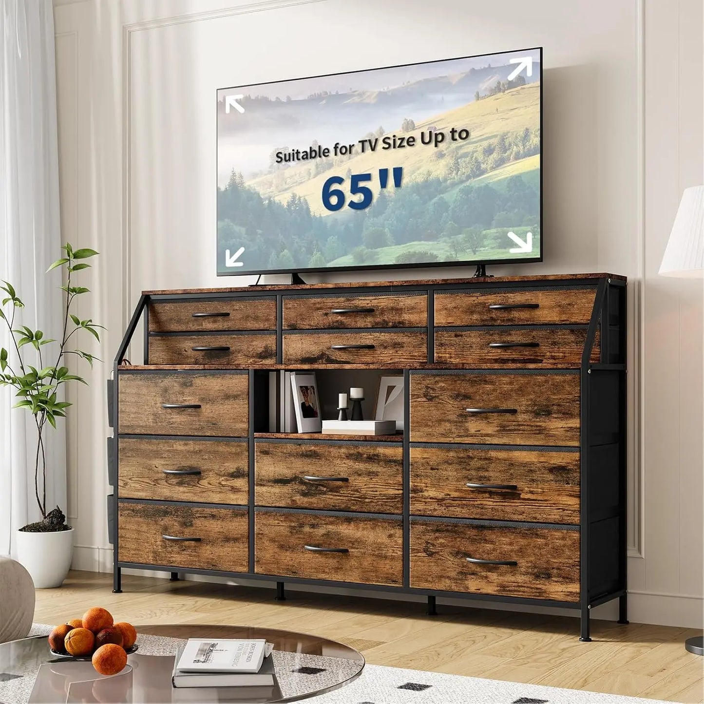 14 Drawer Dresser Storage Tower with Fabric Drawers, Wide Organizer Unit for Bedroom, Living Room, TV Stand for TVs Up to 65"