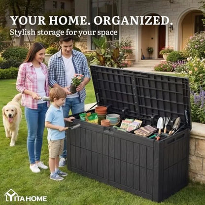 110 Gallon Outdoor Deck Box Waterproof Resin Storage Box with Lock Lockable Patio Furniture Bin 2-Person Bench Seating for Outd