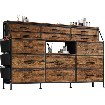 14 Drawer Dresser Storage Tower with Fabric Drawers, Wide Organizer Unit for Bedroom, Living Room, TV Stand for TVs Up to 65"