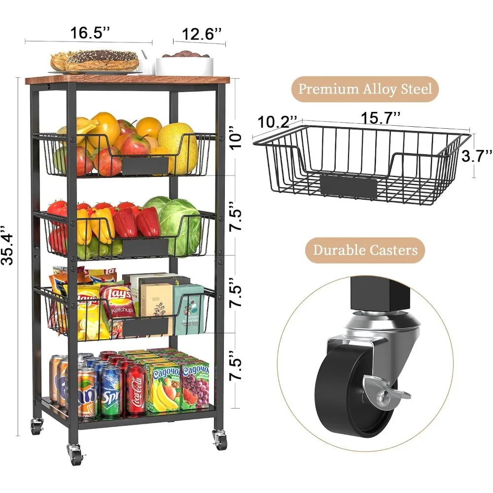 Kitchen Storage Cart, Kitchen Basket, 5-Tier Utility Organizer with Baskets and Wood Top, Rolling Snack Cart with Wheels, Metal