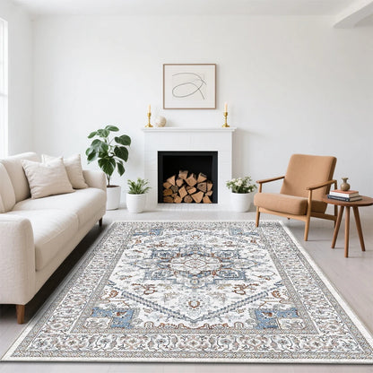 8x10 Area Rugs for Living Room: Washable Rug Stain Resistant Distressed Vintage Floral Rug Non Slip Low Pile Faux Wool Soft rugs