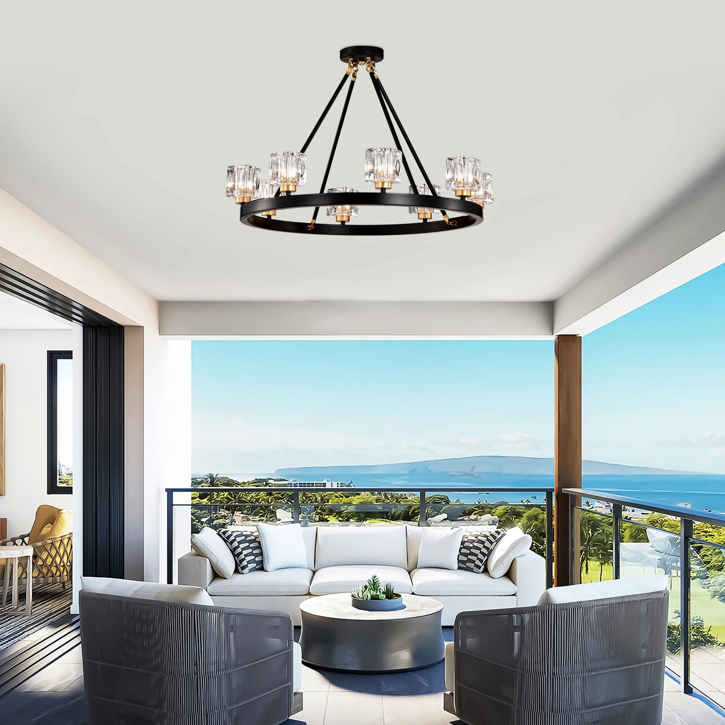 Matte Black + Gold Wagon Wheel Chandelier Farmhouse Modern Small Crystal Round Chandelier for Living Room Kitchen Island Foyer H