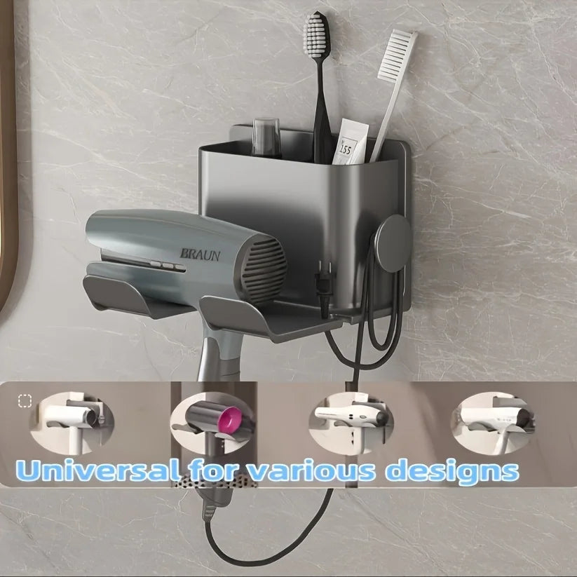 Wall Mount Hair Dryer Holder with Comb Slot, Heavy Duty ABS Bathroom Organizer Rack for Blow Dryer, Razor, Curling Iron, Space S