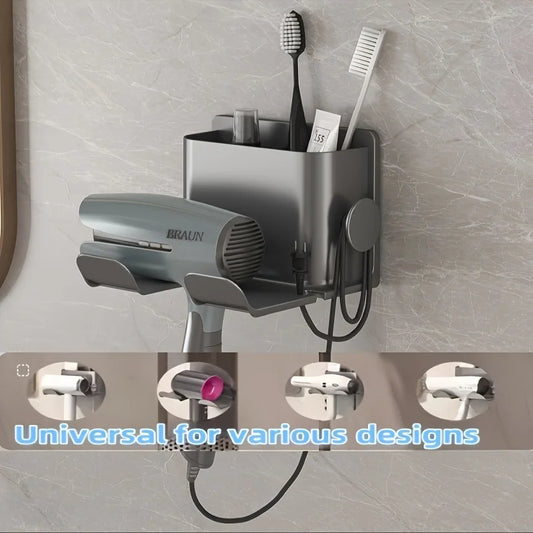 Wall Mount Hair Dryer Holder with Comb Slot, Heavy Duty ABS Bathroom Organizer Rack for Blow Dryer, Razor, Curling Iron, Space S