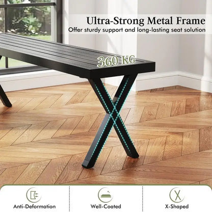 Patio Metal Bench with Slatted Seat and X Legs
