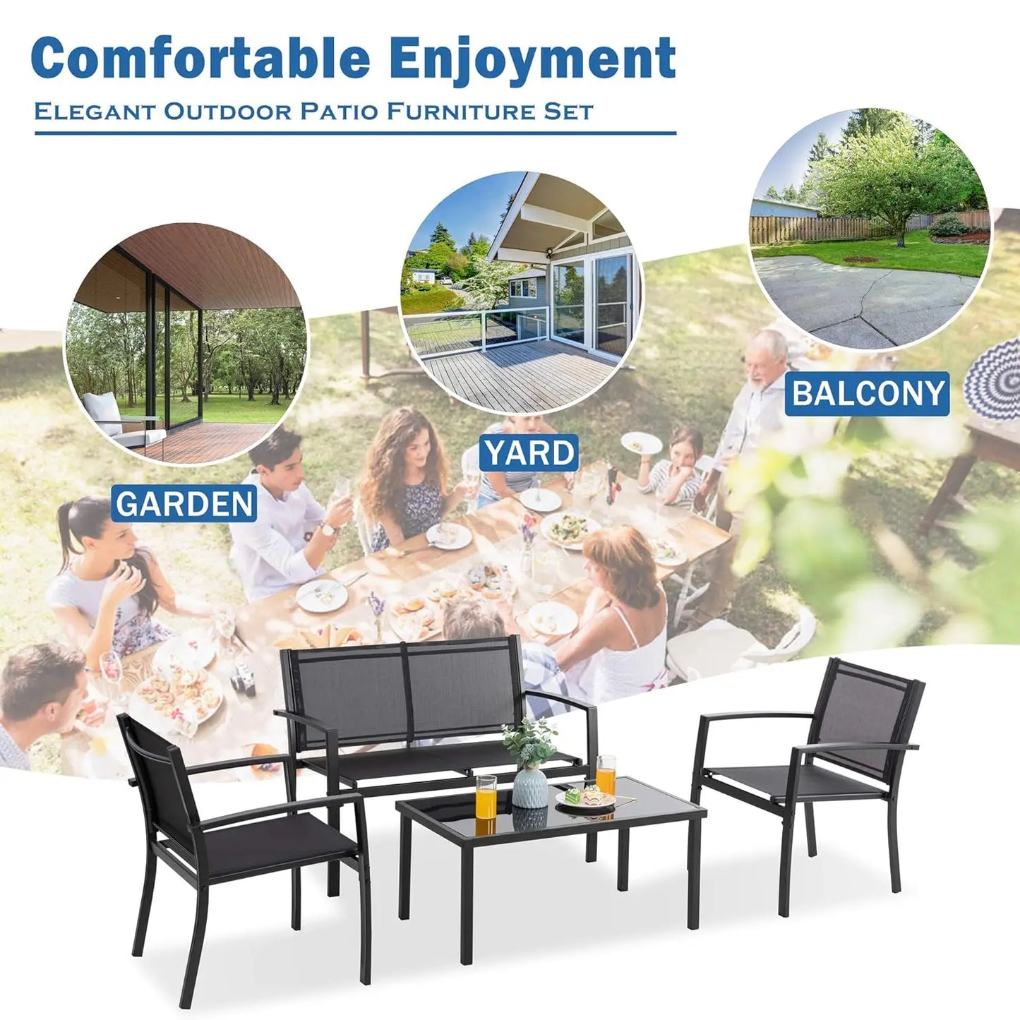4pcs Patio Conversation Set w/ Glass Table & Cushions for Garden Balcony, Steel Frame, Customized
