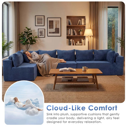 Redlife 135" Boneless Couch with Ottoman,8-Seat Modular Sectional Sofa,Blue Corduroy Upholstery,28" Deep Seat,Removable Covers