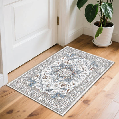 8x10 Area Rugs for Living Room: Washable Rug Stain Resistant Distressed Vintage Floral Rug Non Slip Low Pile Faux Wool Soft rugs