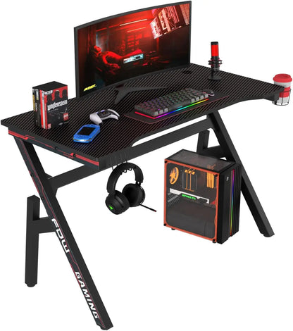BestOffice Gaming Desk Computer Desk 47 Inch Home Office Extra Large Modern Ergonomic Black PC Carbon Fiber Gamer Workstation