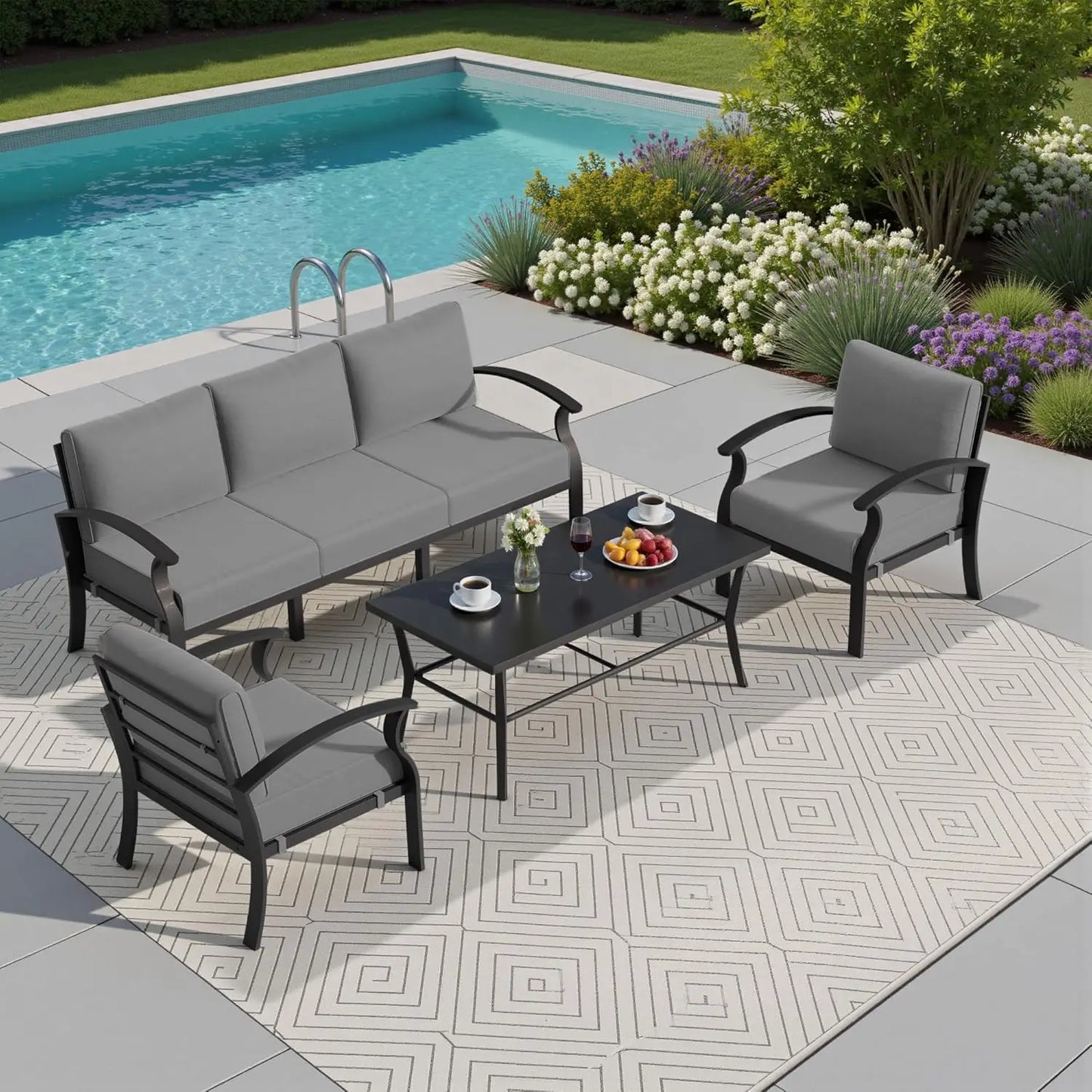 Aluminum Patio Furniture Set,4 Piece Modern Metal Outdoor Patio Furniture w/5.1'' Thick Cushion and Rectangular, Customized