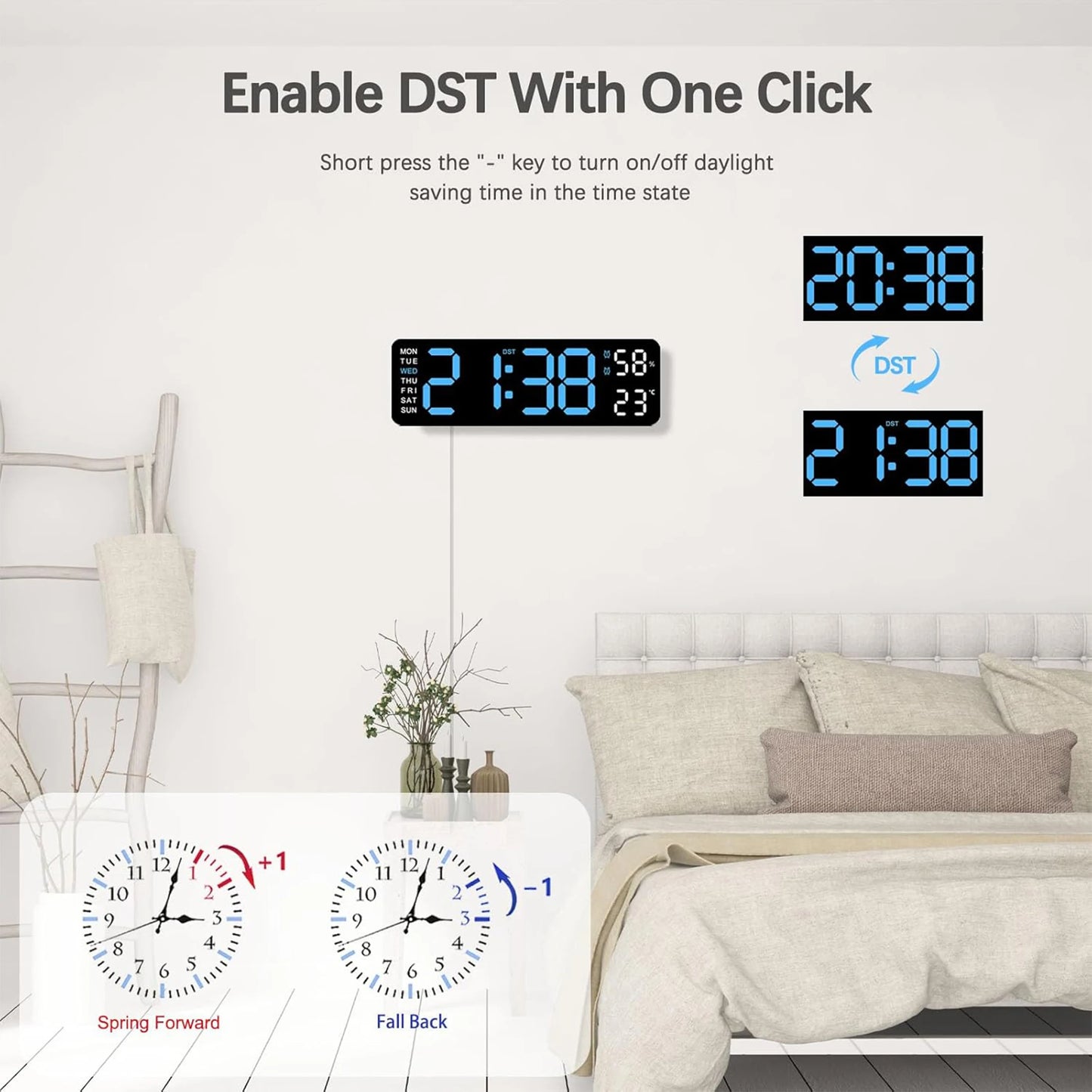 TIMESS 9" Digital Wall Clock with Temperature, Humidity, Weekday Display, LED, Desk or Wall Use