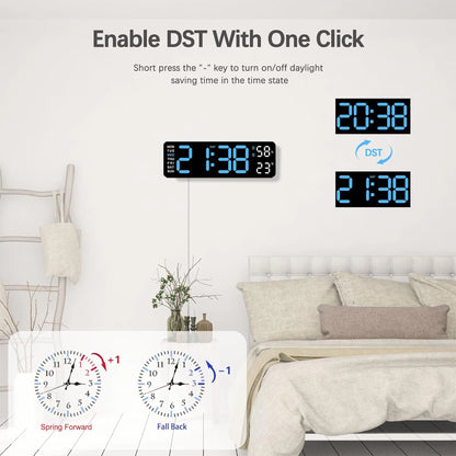 TIMESS 9" Digital Wall Clock with Temperature, Humidity, Weekday Display, LED, Desk or Wall Use