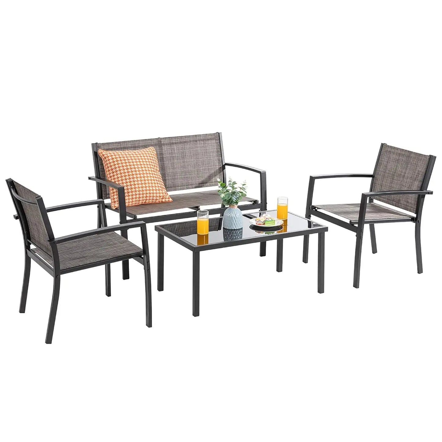 4pcs Patio Conversation Set w/ Glass Table & Cushions for Garden Balcony, Steel Frame, Customized
