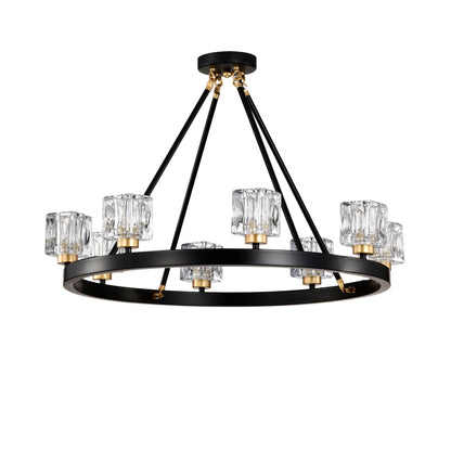 Matte Black + Gold Wagon Wheel Chandelier Farmhouse Modern Small Crystal Round Chandelier for Living Room Kitchen Island Foyer H