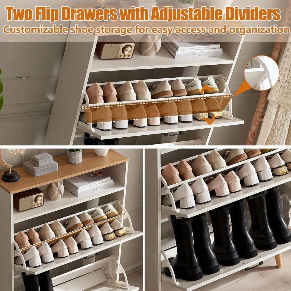 Freestanding Farmhouse Style Shoe Storage Cabinet with Flip Drawers and Door