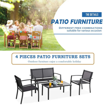 4pcs Patio Conversation Set w/ Glass Table & Cushions for Garden Balcony, Steel Frame, Customized