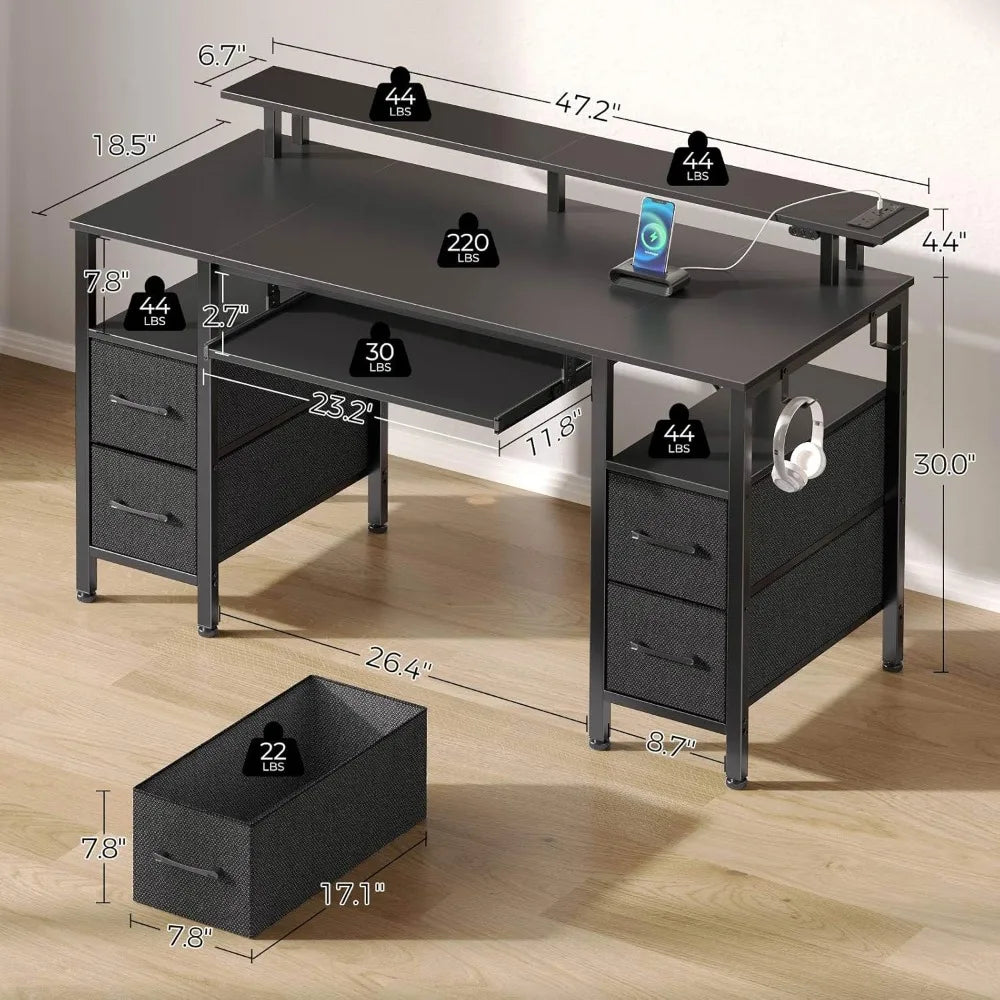 Computer Desk 47.2" with LED Lights & Power Outlets, Home Office Desk with 4 Drawers, Writing Desk with Keyboard Tray, Study Ta