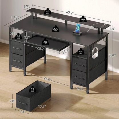 Computer Desk 47.2" with LED Lights & Power Outlets, Home Office Desk with 4 Drawers, Writing Desk with Keyboard Tray, Study Ta