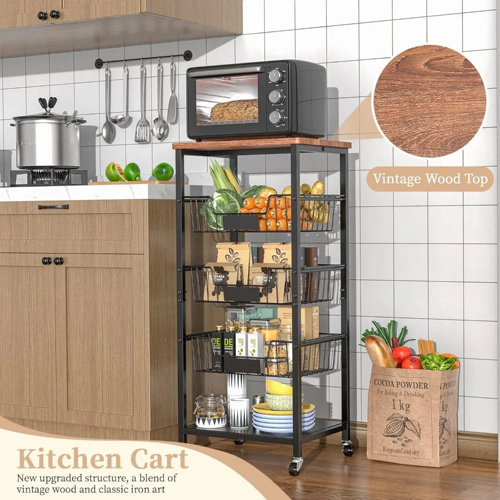 Kitchen Storage Cart, Kitchen Basket, 5-Tier Utility Organizer with Baskets and Wood Top, Rolling Snack Cart with Wheels, Metal
