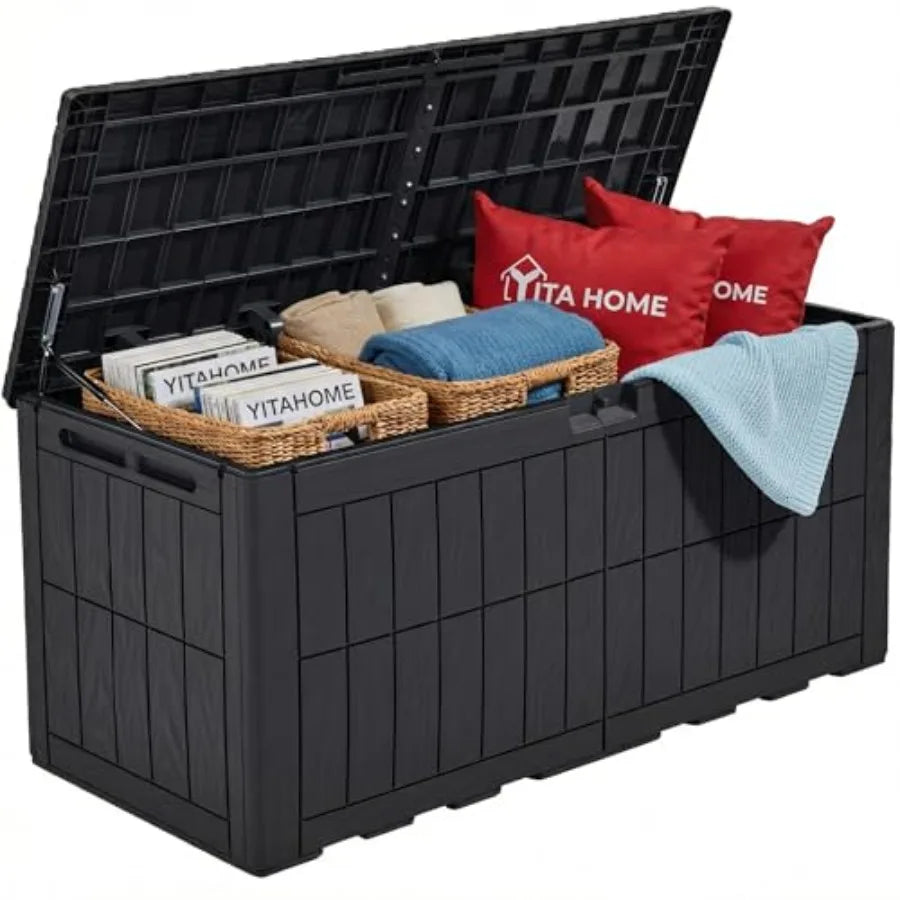 110 Gallon Outdoor Deck Box Waterproof Resin Storage Box with Lock Lockable Patio Furniture Bin 2-Person Bench Seating for Outd