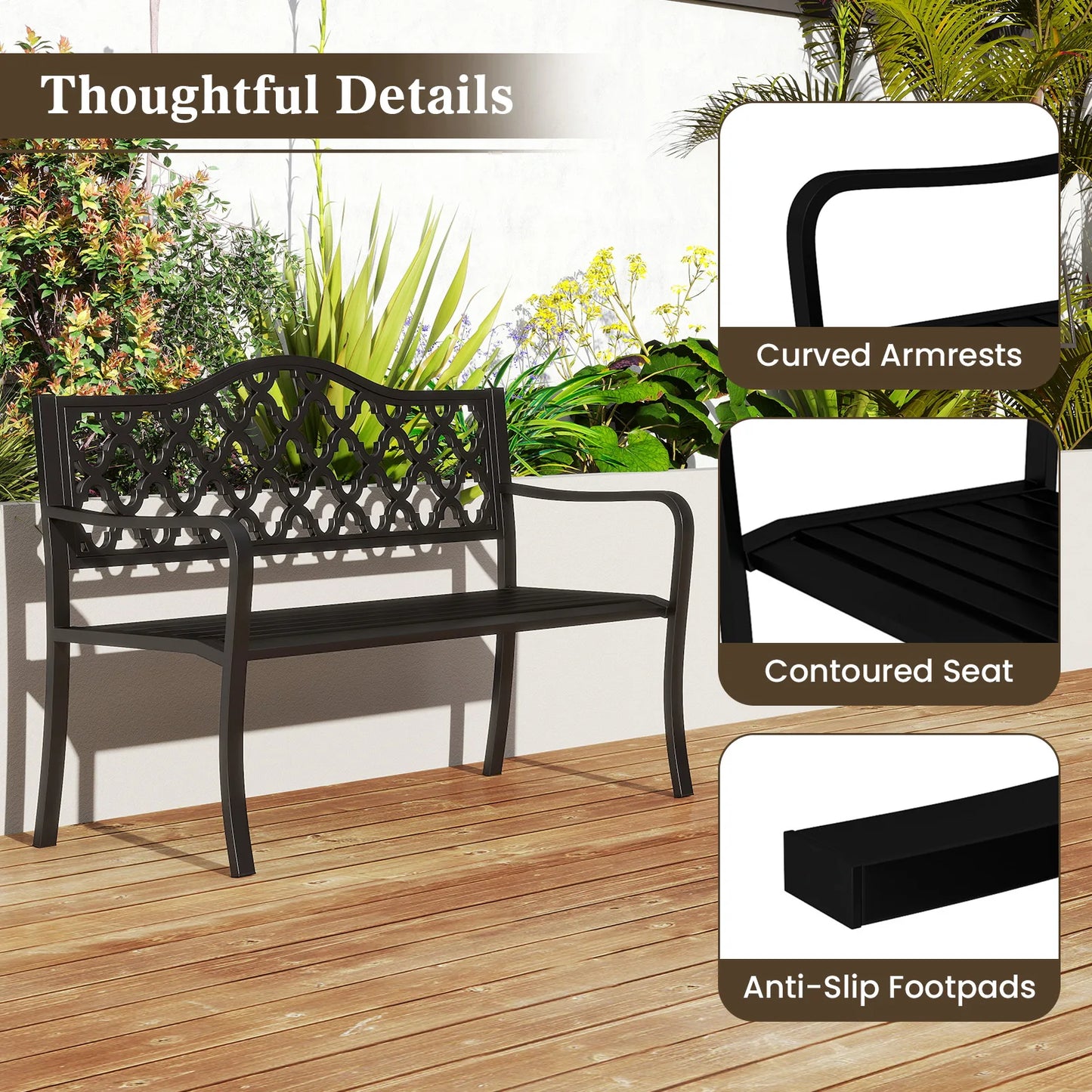 50.5" Patio Bench Slatted Metal Garden Bench for 2-3 People Park-Style Loveseat