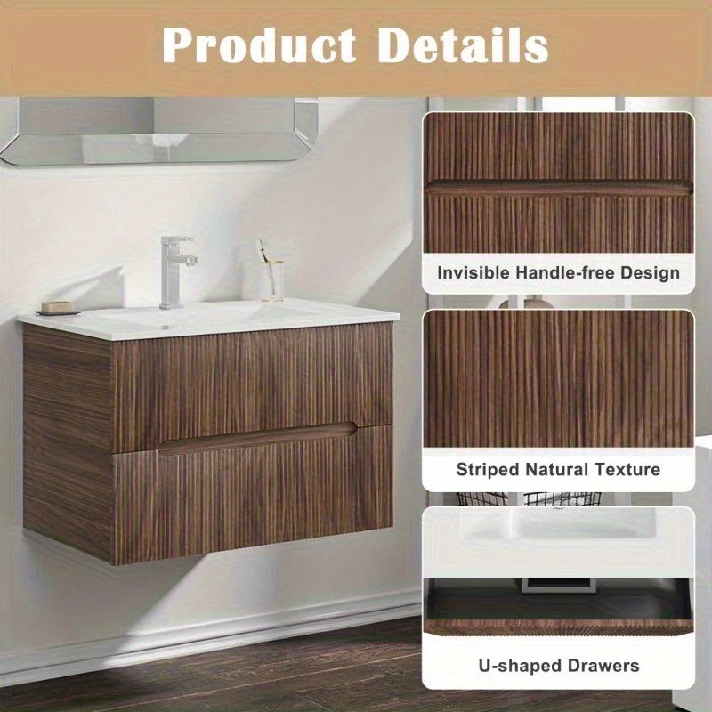 EROMMY 30" Floating Bathroom Vanity with Sink & Faucet, Wall-Mounted Sink Cabinet with 2 Soft-Close Drawers, Walnut/White/Black