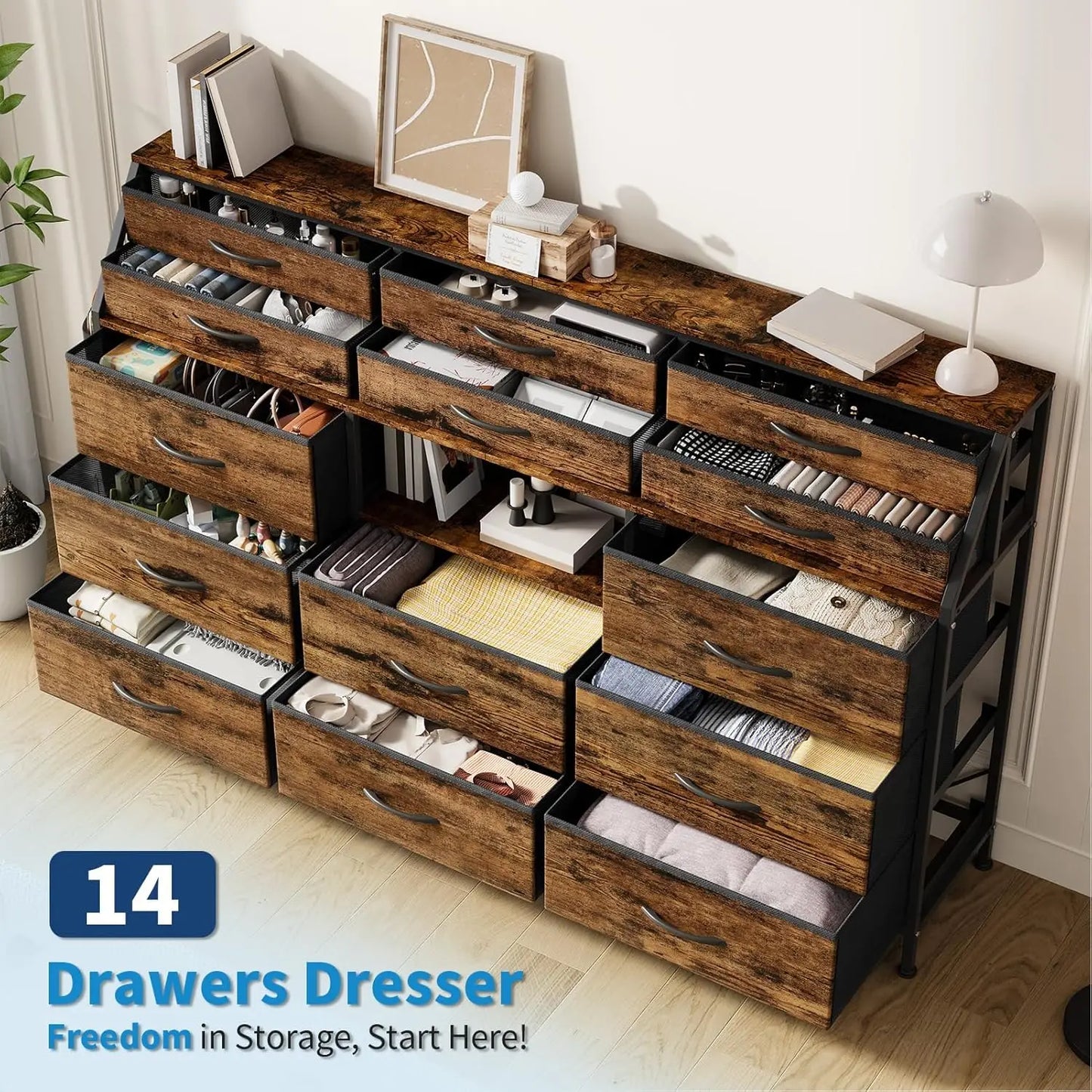 14 Drawer Dresser Storage Tower with Fabric Drawers, Wide Organizer Unit for Bedroom, Living Room, TV Stand for TVs Up to 65"