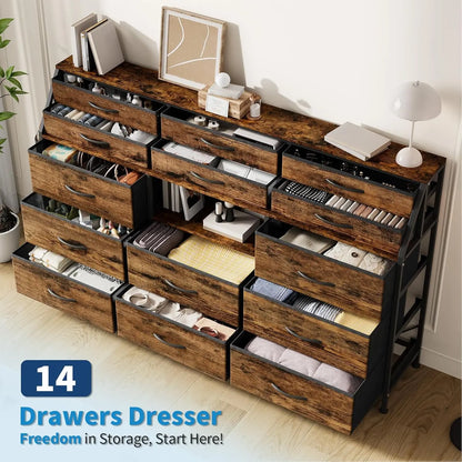 14 Drawer Dresser Storage Tower with Fabric Drawers, Wide Organizer Unit for Bedroom, Living Room, TV Stand for TVs Up to 65"