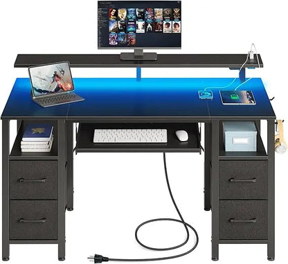 Computer Desk 47.2" with LED Lights & Power Outlets, Home Office Desk with 4 Drawers, Writing Desk with Keyboard Tray, Study Ta