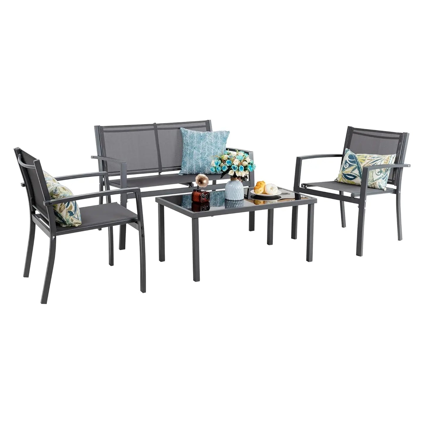 4pcs Patio Conversation Set w/ Glass Table & Cushions for Garden Balcony, Steel Frame, Customized