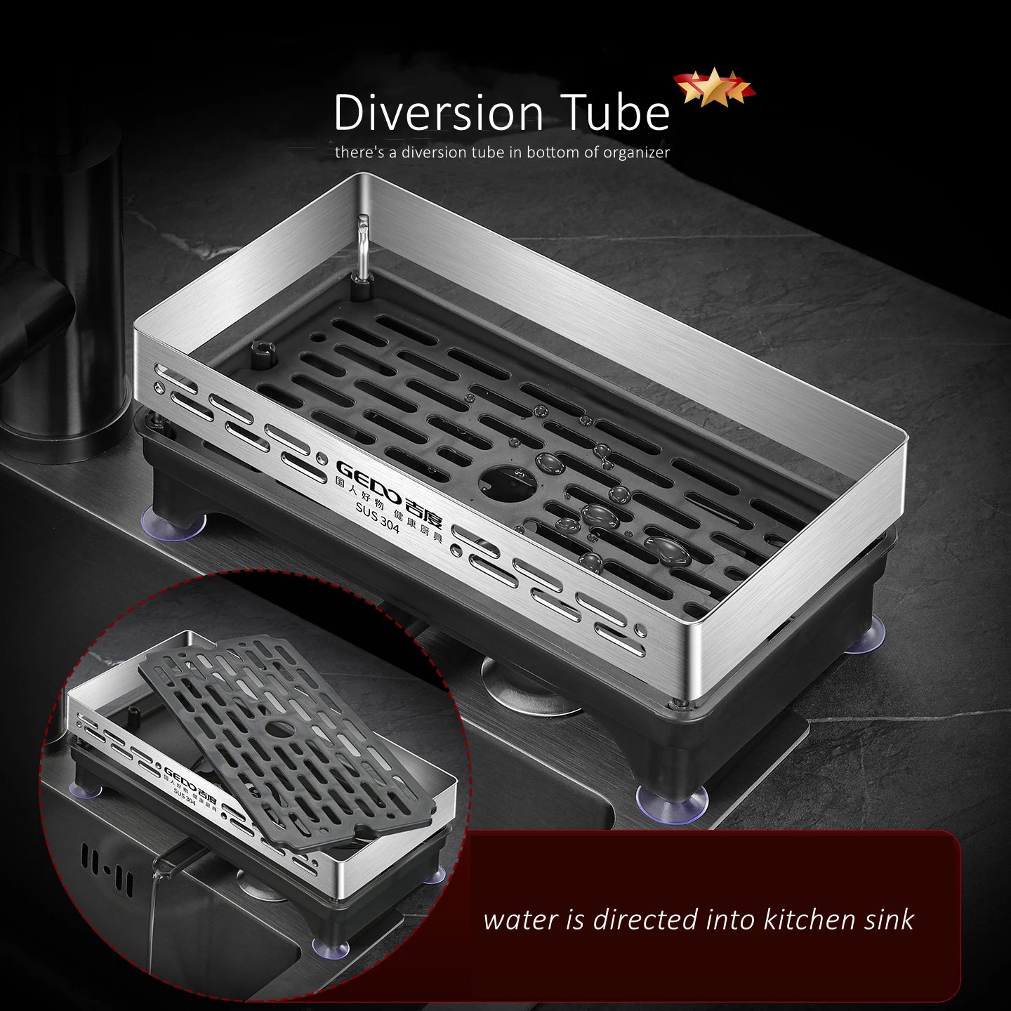 LFGB Certification 304 Stainless Steel Kitchen Organizer Durable Kitchenware Storage Rack with Suction Cup Base Diversion Tube
