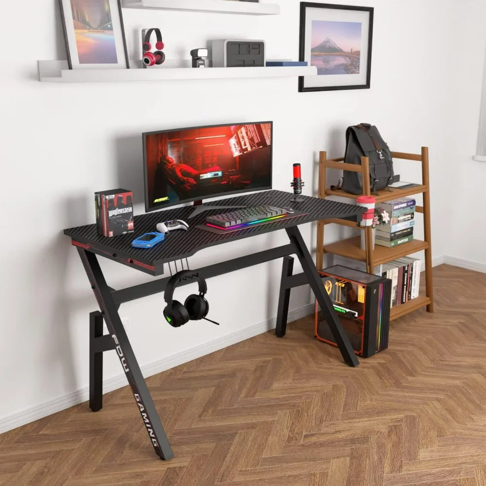 BestOffice Gaming Desk Computer Desk 47 Inch Home Office Extra Large Modern Ergonomic Black PC Carbon Fiber Gamer Workstation