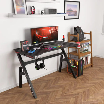 BestOffice Gaming Desk Computer Desk 47 Inch Home Office Extra Large Modern Ergonomic Black PC Carbon Fiber Gamer Workstation
