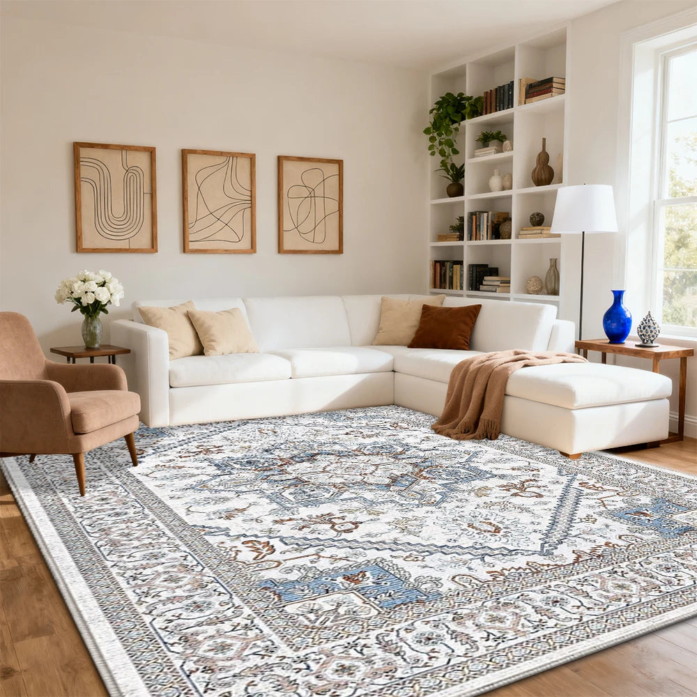 8x10 Area Rugs for Living Room: Washable Rug Stain Resistant Distressed Vintage Floral Rug Non Slip Low Pile Faux Wool Soft rugs